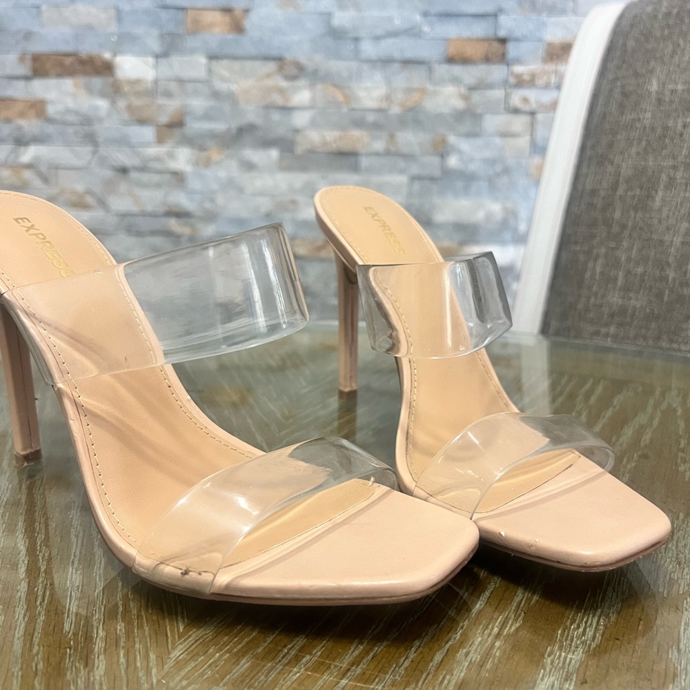 Express Tan and Cream Heels with Clear Straps